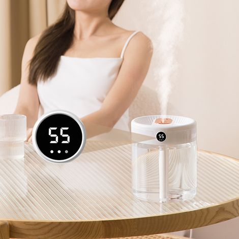Luftbefeuchter mit zwei Sprühdüsen, 2 Liter Fassungsvermögen, USB-Anschluss, leise, für Schlafzimmer und Büro, mit Nachtlichtfunktion, Digitalanzeige, weiß (1/5)