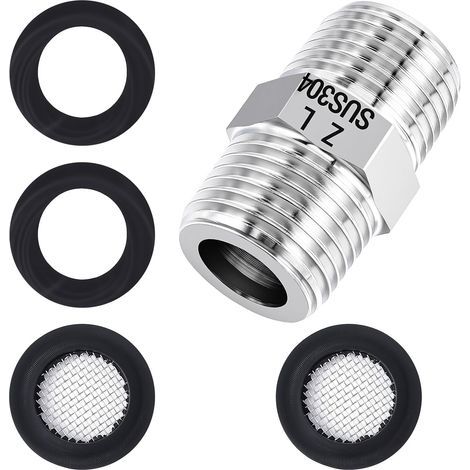 Rallonge de tuyau de douche 1/2", diamètre 20 mm, double mamelon en acier inoxydable, tuyau de douche avec 2 éléments filtrants et 2 joints pour tuyaux, raccords de vannes (1/5)