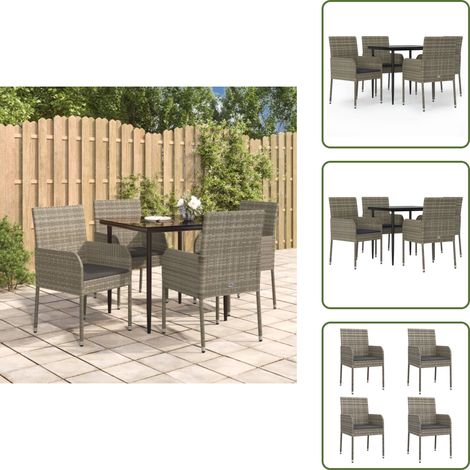 The Living Store 5-tlg. Garten-Essgruppe mit Kissen Schwarz und Grau Poly Rattan - Gartenessgruppe (1/5)