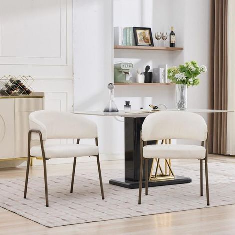 Chaise de salle à manger - KOMHTOM - Design moderne - Chenille beige - Avec accoudoirs - Pieds métal laiton antique (1/5)