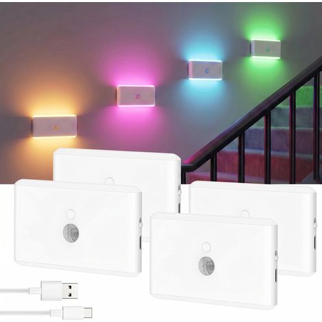 Veilleuse Détecteur de Mouvement RGB, Lot de 4  Lumière LED Intérieure 3 Modes (AUTO/OFF/ON) pour Escaliers, Couloirs, Placard, Chambre (1/5)