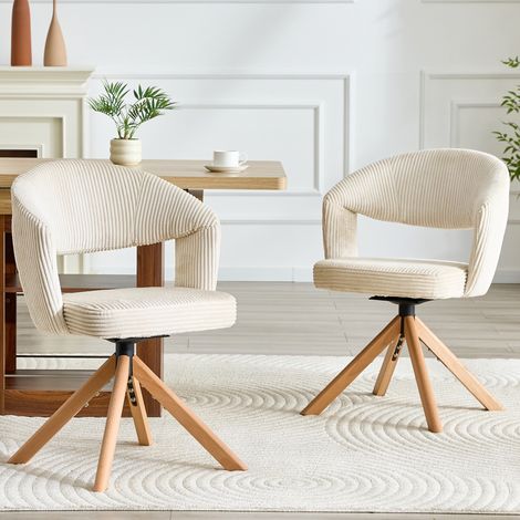 Lot de 2 sièges pivotants vintage chic, velours côtelé ivoire à dossier courbé et piètement bois massif, assise rayée verticale, rotation 360° silencieuse. Idéal pour séjour et salle à manger.