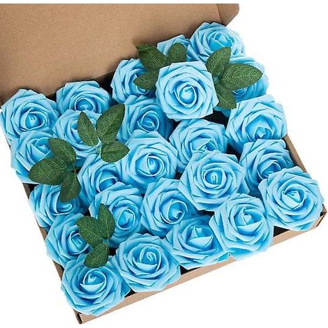 25 têtes de roses artificielles avec tige pour bouquets de mariage à faire soi-mêmebleu (1/2)