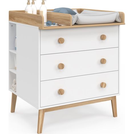 Idmarket – Commode à langer JACOB blanc et bois – 3 tiroirs – Table à langer amovible – 2 étagères – Dimensions 80x72x95 cm (1/5)