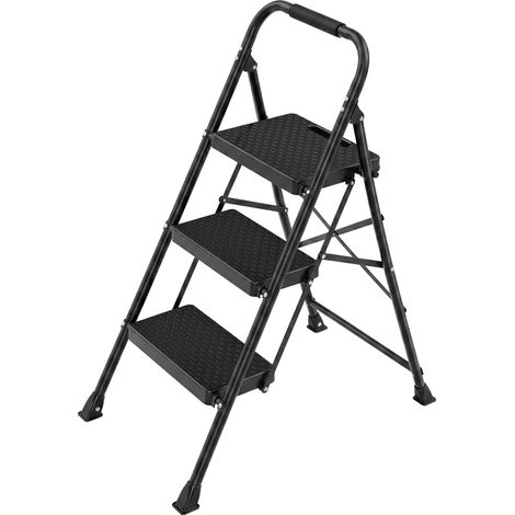Escabeau Pliant 3 Marches en Acier, Antidérapant, Charge 150 kg, 114 x 45,5 x 7,5 cm, Noir (1/5)