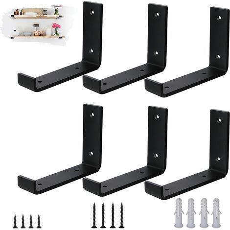 Lot de 6 Équerre, Acier 5mm, Charge Lourde, Rebord Anti-dérapant, Noir, Style Industriel, Salon Cuisine Garage (1/5)
