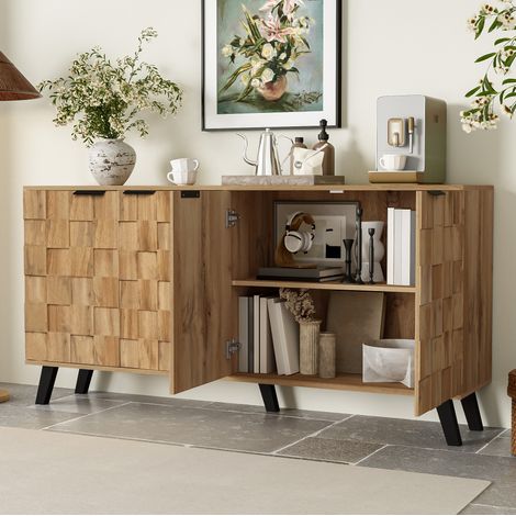 MEUBLIV Buffet 160,5 x 35,5 x 78 cm coloris bois – 4 portes et étagères réglables (1/5)