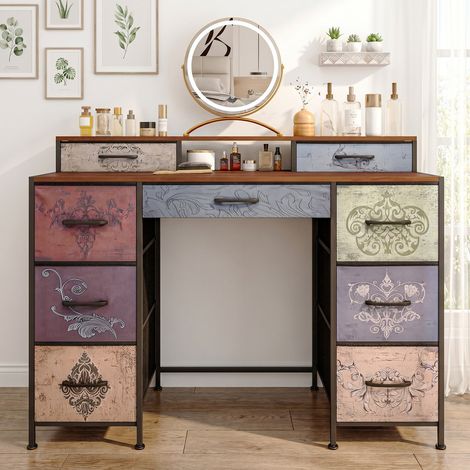 Coiffeuse / Bureau de maquillage 121x40x91 cm, 9 tiroirs à motifs vintage, cadre métal noir, plateau aspect bois, style industriel, pour chambre (1/5)