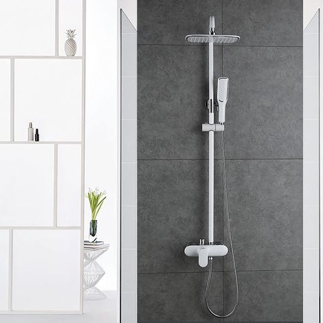 Duscharmatur Weiß Duschsystem Rainshower Regendusche Duschset Brausegarnitur mit Duschkopf und Handbrause Dusche Armatur mit Überkopfbrause für Badezimmer