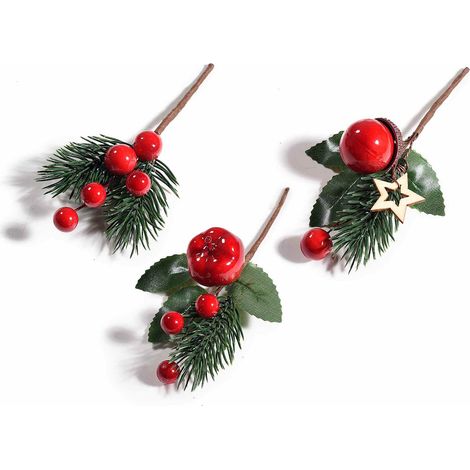 Mazzolini pick natalizi con aghi di pino, bacche rosse e decoro stella in legno, set da 36 pezzi, cm 8 H (con gambo 13,5)