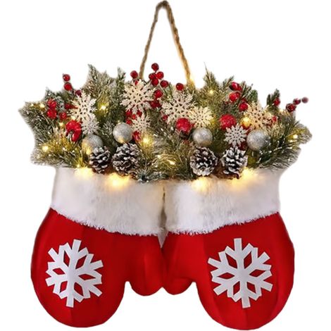 Noël : couronne de Noël de 40 cm, gants décoratifs avec lumières LED, décoration d'intérieur, à poser sur une étagère ou à accrocher sur le porche. (1/5)