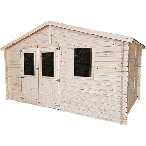 Casetta in legno da giardino 396x396 cm – Pareti 25 mm – Porta doppia finestrata – Ampia superficie – Abete naturale (1/3)