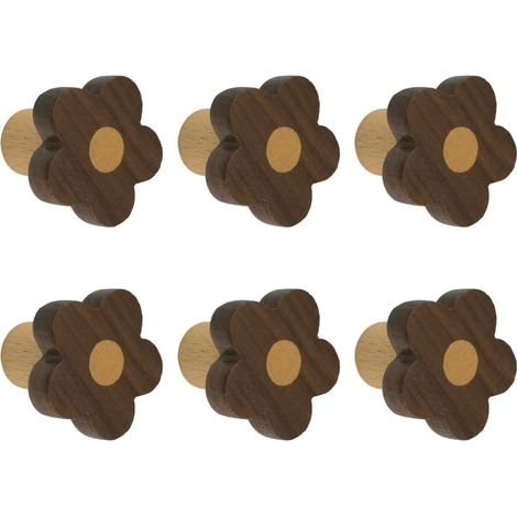 Lot de 6 boutons d'armoire en bois en forme de fleur, poignées en bois de noyer à trou unique, tirettes pour chambre d'enfant pour commode avec vis et tube d'expansion (1/5)