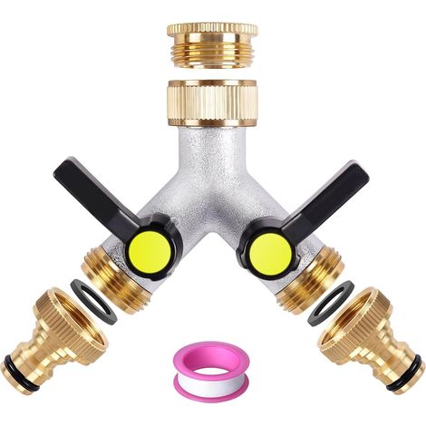 Répartiteur d'eau 2 voies en Y 3/4" - Distributeur d'eau - Avec poignée rallongée - 2 compartiments - Pour machine à laver, lave-vaisselle, tuyau d'arrosage (1/5)