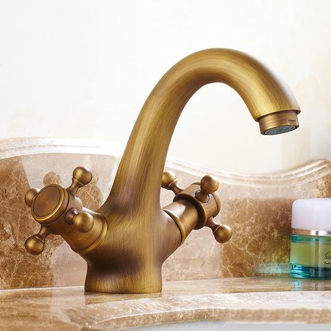 Robinet antique en cuivre pour lavabo de style européen robinet d'eau chaude et froide vintage robinet de lavabo monotrou, cuivre antique (1/5)