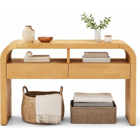 Table console avec 2 tiroirs, étagères ouvertes et pieds réglables, meuble d’entrée fin pour couloir, salon ou salle à manger, finition bois clair - CHICFURN (1/5)