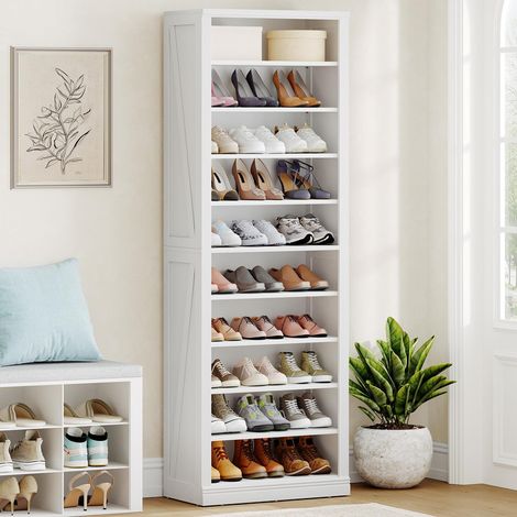Wooden 10-Tier Shoe Storage Cabinet, Adjustable Dividers, Space-Saving for Entryway & Living Room