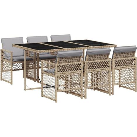 Gartenmöbel 7teilig Tisch 6Stühle Poly Rattan Glas Beige und Grau (1/5)