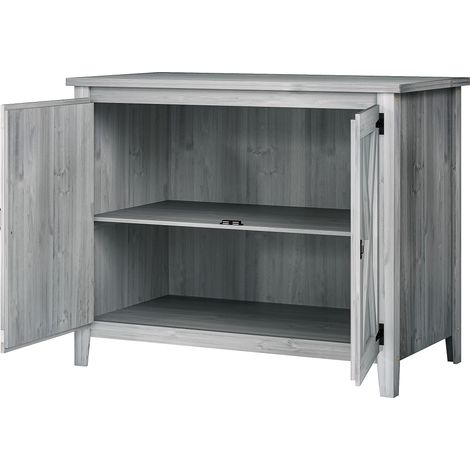 Hellgrauer Gartenschrank aus Holz, 110 x 60 x 88,5 cm, mit Doppeltüren und Regalböden