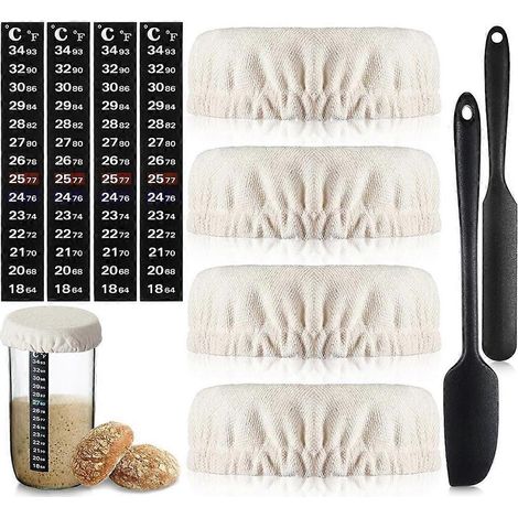 Kit de remplacement pour bocal à levain avec couvercle en tissu, bandelettes thermométriques et 2 spatules. Convient aux bocaux à levain de 700 ml (24 oz). (1/4)
