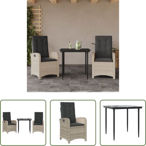 Chaise de jardin - Ensemble à manger de jardin 3pcs coussins gris clair poly rotin (1/5)
