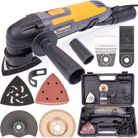 Outil multifonction 1300W – 6 vitesses – 5 embouts pour ponçage, meulage, découpe – 20 feuilles abrasives grain 60 – Powermat