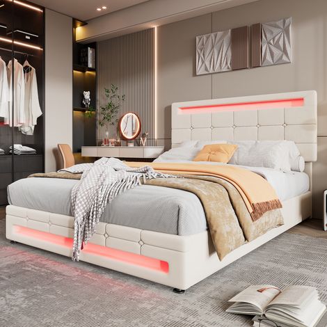 Velvet Hydraulic Double Bed for Adults&Teens-4ft6(135x190cm)with LED Light Strips in 7 Colors