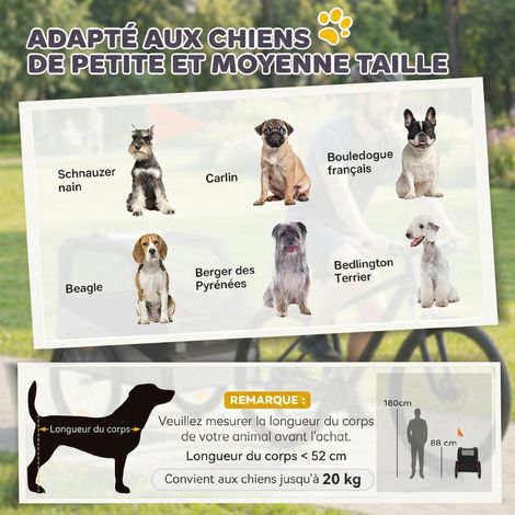 Remorque Vélo Chien avec Pneus 20", Attache Universelle, Réflecteurs, Drapeau, Laisse, 139x72x88cm, Gris et Noir (1/5)