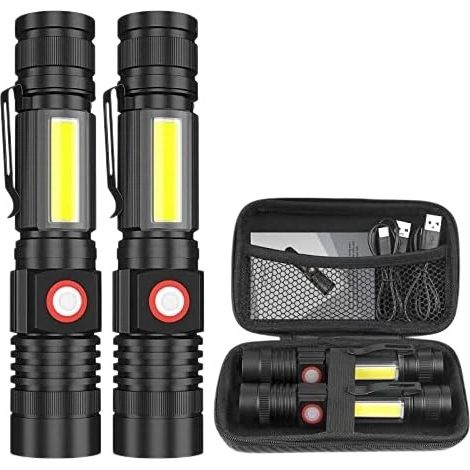 Lot de 2 lampes torches rechargeables USB, lampe torche tactique LED ultra-lumineuse avec base magnétique et lampe de travail COB, zoomable, étanche, petite lampe torche idéale pour le camping et les (1/5)