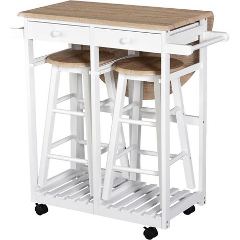 CARRELLO DA CUCINA PIEGHEVOLE CON 2 SGABELLI IN LEGNO BIANCO 83.5X74 X 83 CM (1/5)