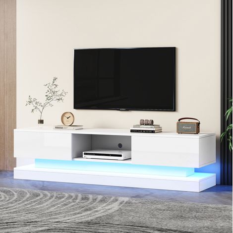 Meuble TV salon rangement LED 160 cm blanc brillant OKMYHOME (1/5)
