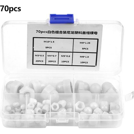 Beyamis Kit de 70 écrous borgnes en nylon M3/M4/M5/M6/M8/M10 à tête bombée et à six pans creux (blancs) (1/5)