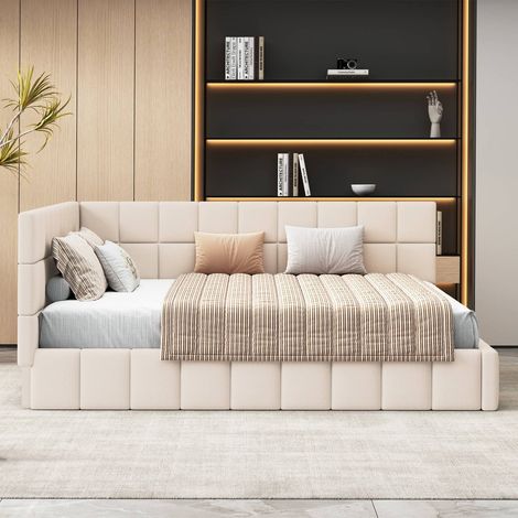 Lit banquette 160x200cm en velours beige, lit multifonction avec sommier et design raffiné (1/5)