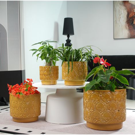 Blumentopf-Set aus Keramik, 4-teilig, warmgelb glänzend, mit Drainagelöchern HAVRYA (1/5)