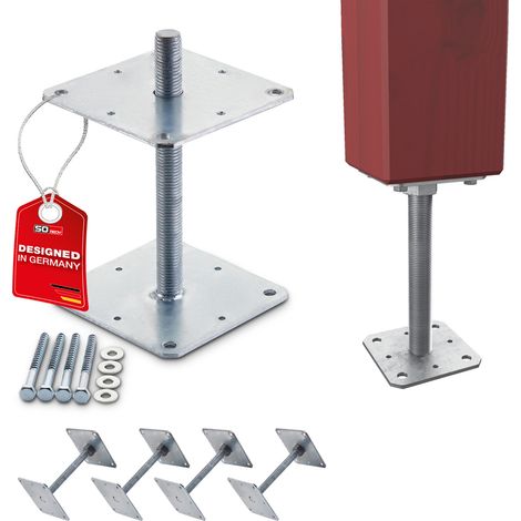 SOTECH Pfostenbeschlag Stützträger Gewinde M24 Stahl feuerverzinkt höhenverstellbar zum Aufschrauben, witterungsbeständig, 160 x 160 x 250 mm - 4 Stück