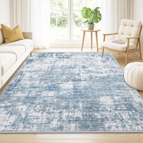 Grand Tapis Salon Moderne Abstrait, Bleu Gris, 120x160cm Tapis à poils courts fausse laine, lavable en machine, antidérapant pour salon et chambre (1/5)