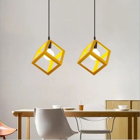 Lot de 2 Lampe Plafonnier Industrielle en Métal Jaune Lustre Suspension en Forme Carré Style Vintage pour Salon Chambre Cafe (1/4)
