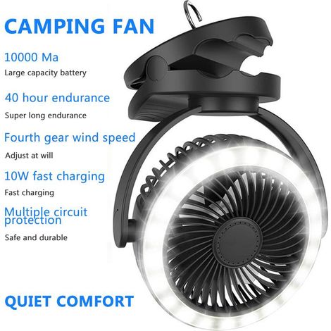 10000mAh Campingventilator mit Beleuchtung, USB-aufladbar, Clip-Ventilator mit Aufhängehaken (1/5)