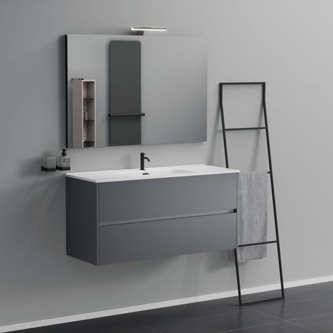 Inda - Badezimmerschrank 2 Schubladen L.120 mit Spiegelwaschbecken und Lampe – Mattiertes Titan