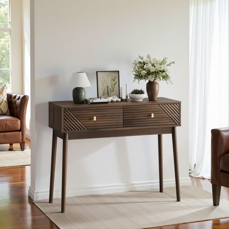 Console d'entrée style Mid-Century 2 tiroirs MDF noyer 100 x 35 x 80 cm OKWISH (1/5)