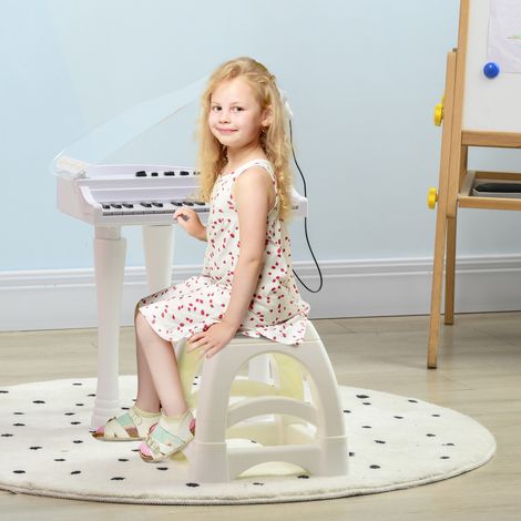Piano électronique pour enfants avec 32 touches, fonctions multifonctions, microphone, haut-parleur, tabouret et couvercle illuminé par LED (blanc) (1/5)