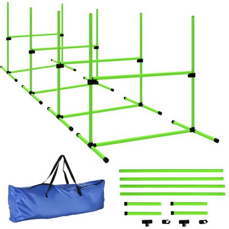 Ensemble d'agilité pour chiens, 4 pièces, équipement d'agilité réglable en hauteur avec 4 haies, sac de transport, 99 x 65 x 94 cm, vert (1/5)