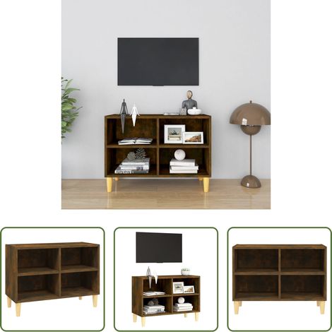 Meuble tv bois - Meuble TV avec pieds en bois massif Chêne fumé 69,5x30x50 cm (1/5)
