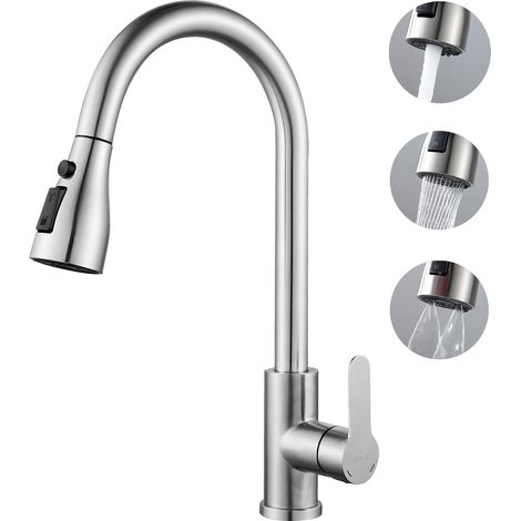 Grifo extraíble de acero inoxidable, 3 tipos de chorro, grifo mezclador de cocina giratorio 360°, grifo de cocina con rociador (1/5)