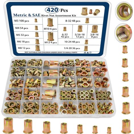 Écrous à sertir métriques et SAE, assortiment (420 pièces), M3 M4 M5 M6 M8 M10 M12 6-32 8-32 10-24 1/4"-20 5/16"-18 3/8"-16 UNC, écrous à sertir à tête plate, compatibles avec les surfaces zinguées, a (1/5)