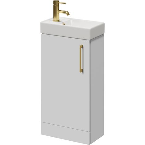 Napoli Cube Gloss White 400mm Single Door Vanity Unit with Align Basin - 400mm - Brushed Brass 160mm Handle
