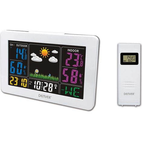 Station météo avec horloge radiopilotée, affichage des températures intérieure et extérieure, de l'humidité et alarme