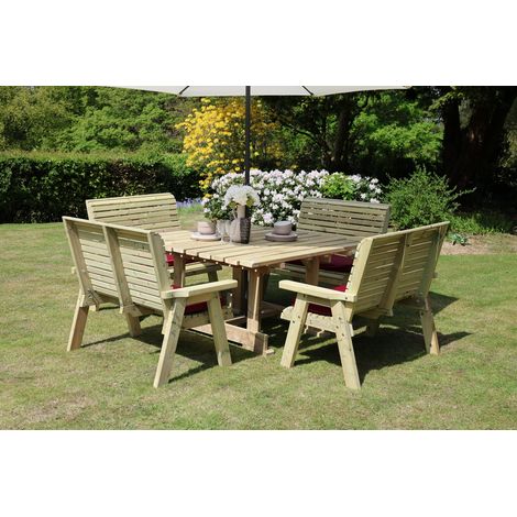 Ergo 8 Seater Square Table - 4 Benches - L149 x W149 x H77 cm - Min. Assembly Required - Set of Waterproof Cushions Included