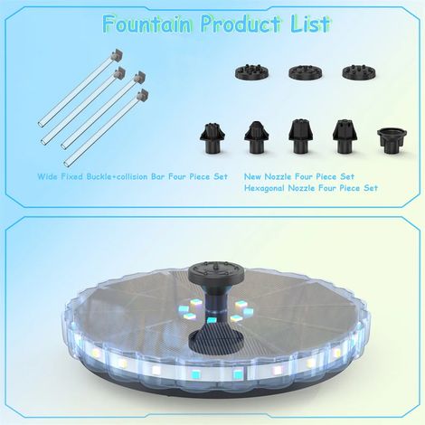 Fontaine solaire LED avec éclairage LED, batterie 1800 mAh, pompe à eau solaire 3,5 W, 8 buses et barres de protection pour la décoration extérieure. (1/5)