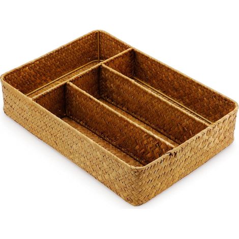 Panier Rangement Jonc de Mer Rectangulaires Plateau à Ustensiles Malle en Osier avec Compartiment pour Organiser Naturel (1/5)